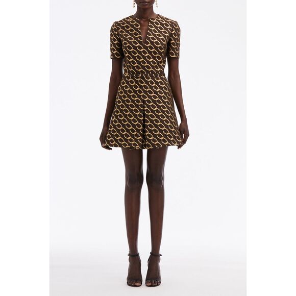Oscar de la Renta Brown/Gold Metallic Chain Split Neck Mini Dress Size US 10